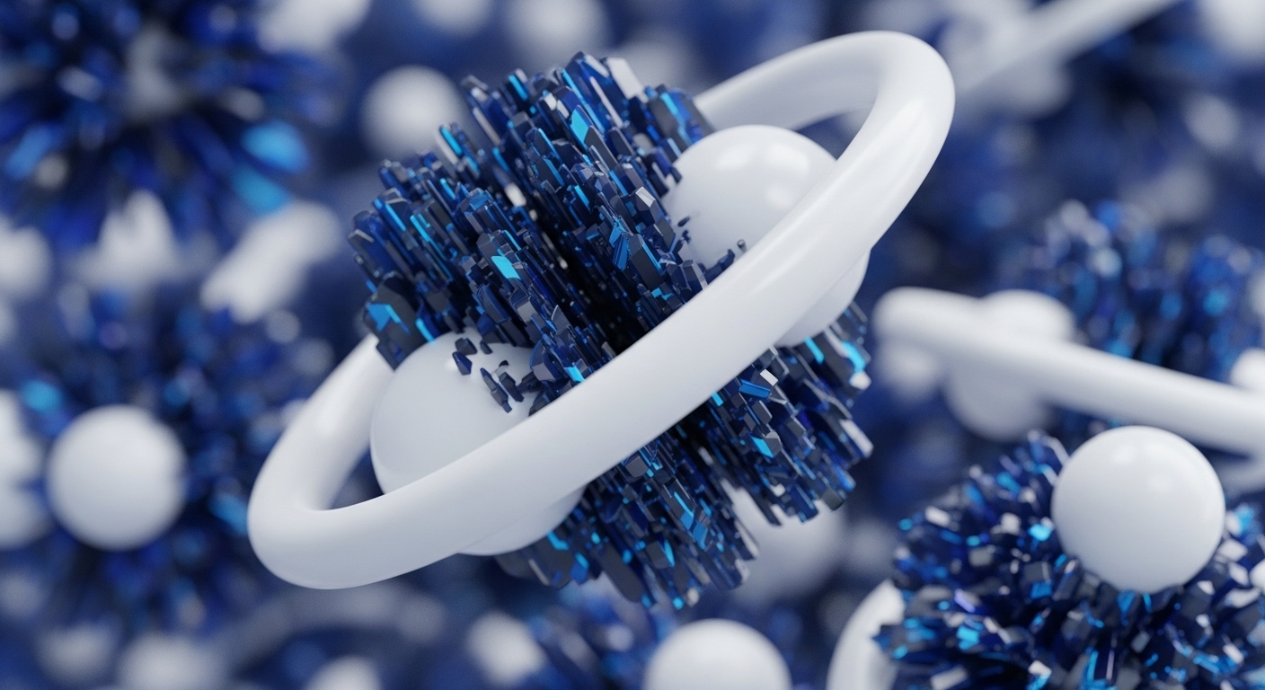 A prominent abstract structure dominates the foreground, composed of numerous dark blue, sharp-edged crystalline elements clustered around two smooth white spheres. This entire formation is encircled by a continuous, smooth white ring, with similar out-of-focus structures in the background
