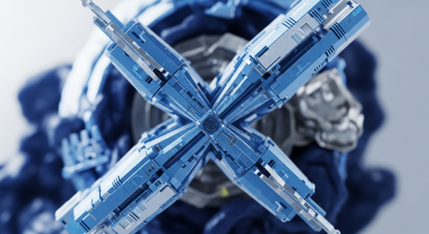A detailed, close-up view presents a complex, bright blue, metallic X-shaped structure, featuring intricate modular components. This central structure is sharply in focus against a softly blurred background of deep blue and grey elements, suggesting an expansive digital environment