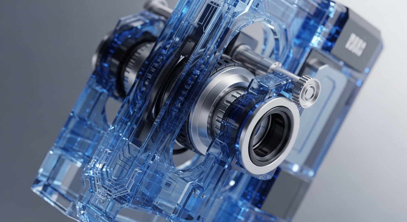 The image showcases a complex mechanical device encased in translucent blue material, revealing metallic internal gears, shafts, and cylindrical components. The perspective highlights the intricate interplay of these parts against a smooth, light grey background