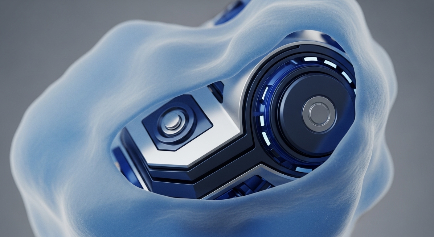 A light blue, organic-textured outer layer partially reveals intricate dark blue and metallic silver mechanical components beneath. The central focus highlights a glowing circular mechanism alongside a distinct square module, indicating advanced technological architecture
