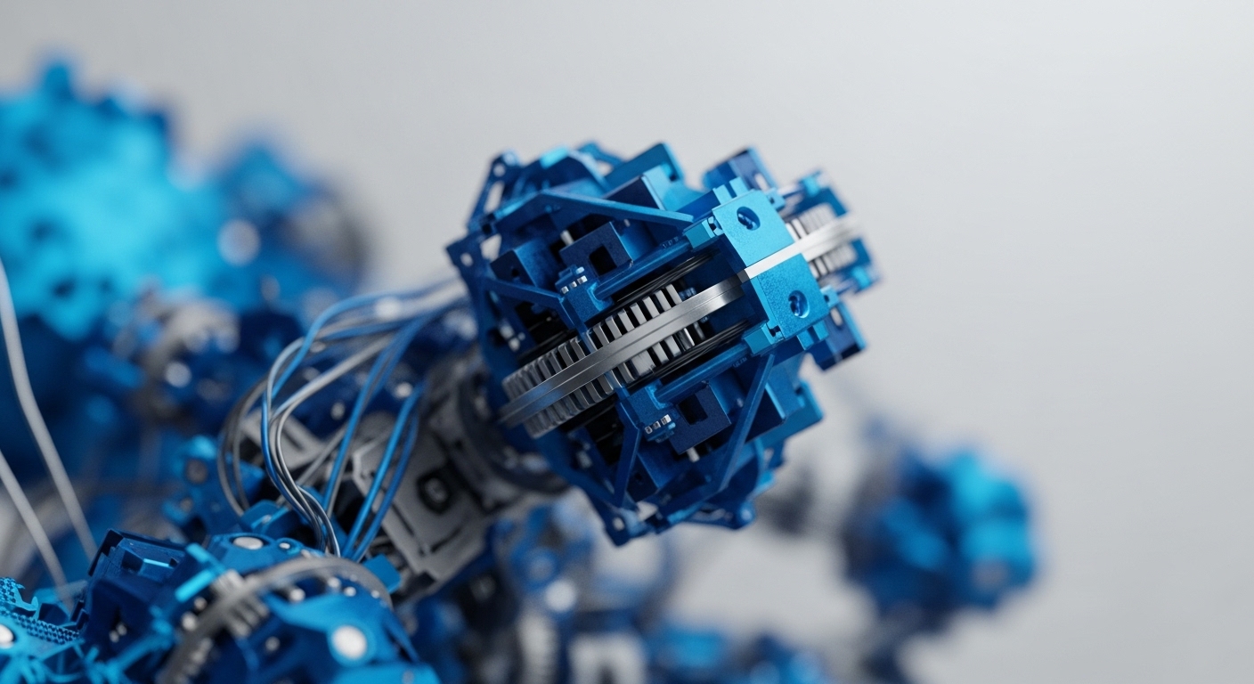 The foreground features a detailed, sharp rendering of a complex mechanical structure, dominated by deep blue and metallic silver components. Intricate gears, interlocking plates, and visible wiring form a modular, interconnected assembly, suggesting a highly functional and precise system