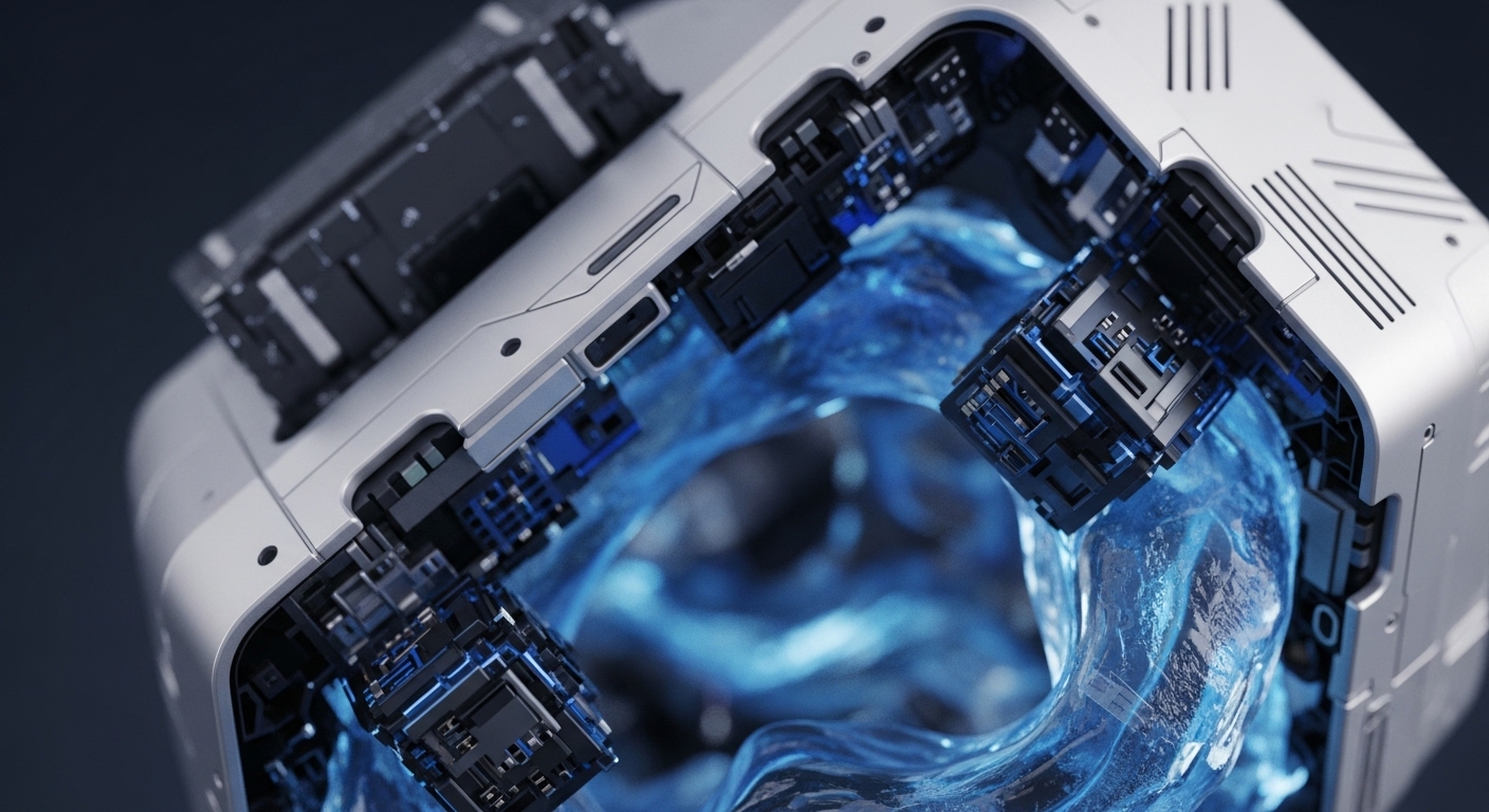 A futuristic, modular silver casing houses a vibrant, swirling blue core with embedded dark components, illuminated by internal blue light. This high-fidelity rendering portrays a sophisticated distributed ledger technology node, where the translucent blue medium symbolizes dynamic liquidity provisioning and continuous transaction streams within a decentralized finance ecosystem
