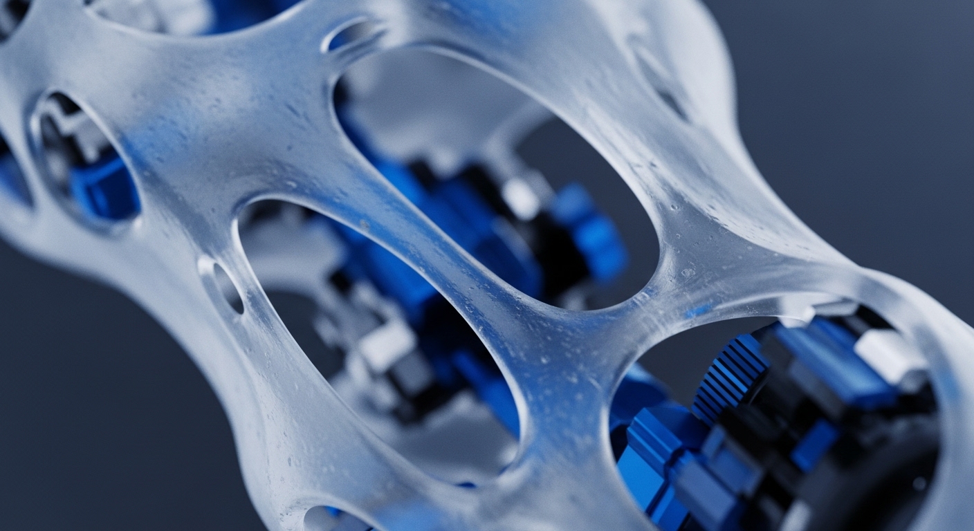 A detailed view presents a translucent, organic-like skeletal structure enclosing distinct blue and white mechanical components. The intricate, interconnected design of the outer shell reveals the precise, modular units within, set against a dark, muted background