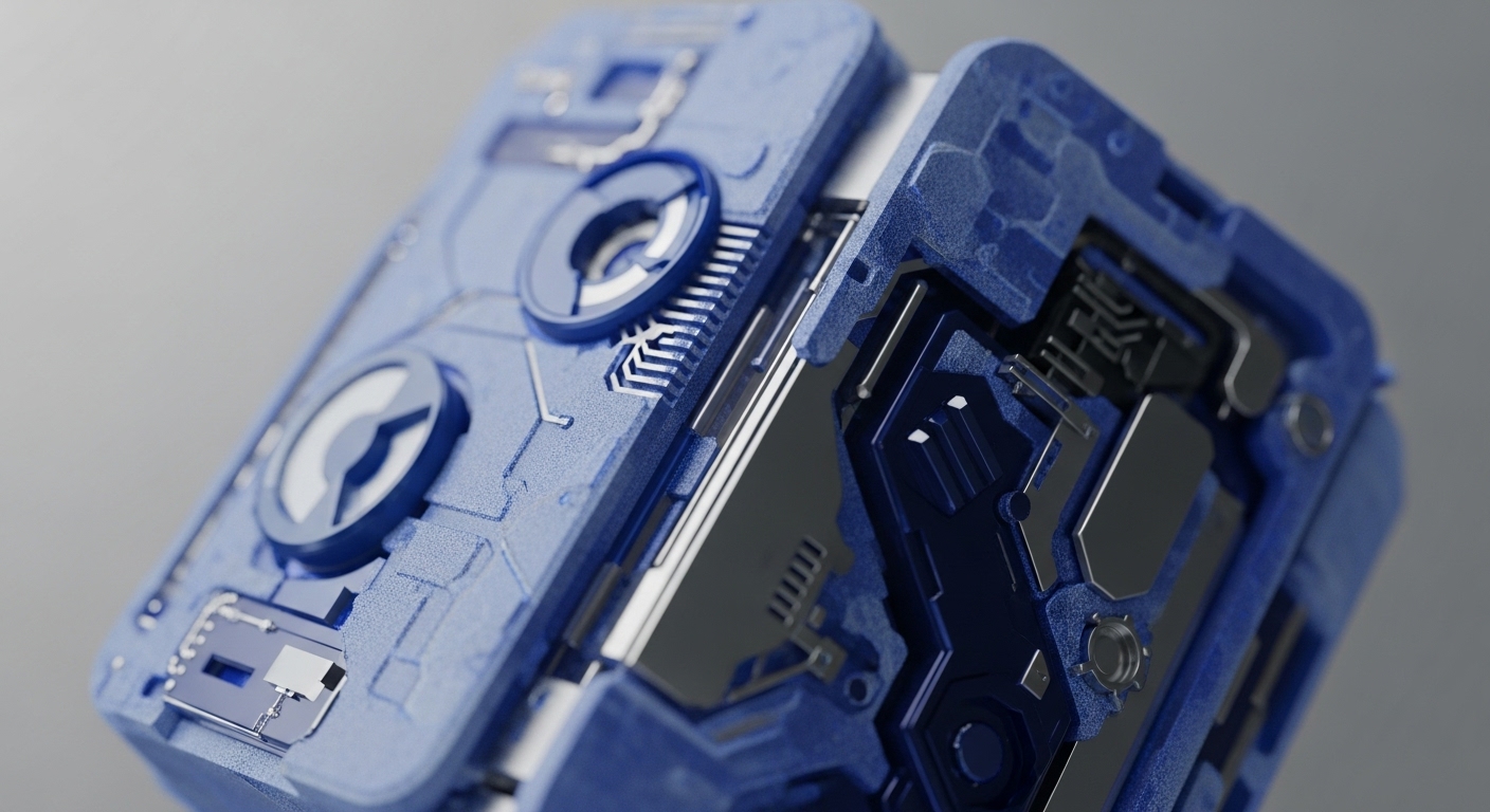 A close-up view presents a complex, blue-hued mechanical device, appearing to be partially open, revealing intricate internal components. The device features textured outer panels and polished metallic elements within its core structure, suggesting advanced engineering