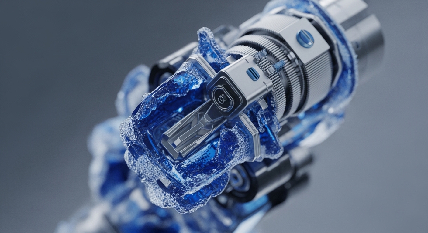 A sophisticated metallic mechanism, featuring intricate gears and a modular component, is dynamically enveloped by a translucent blue substance, suggesting a state of active cooling or fluid integration. The composition highlights the precision engineering of the device against a soft, blurred grey background