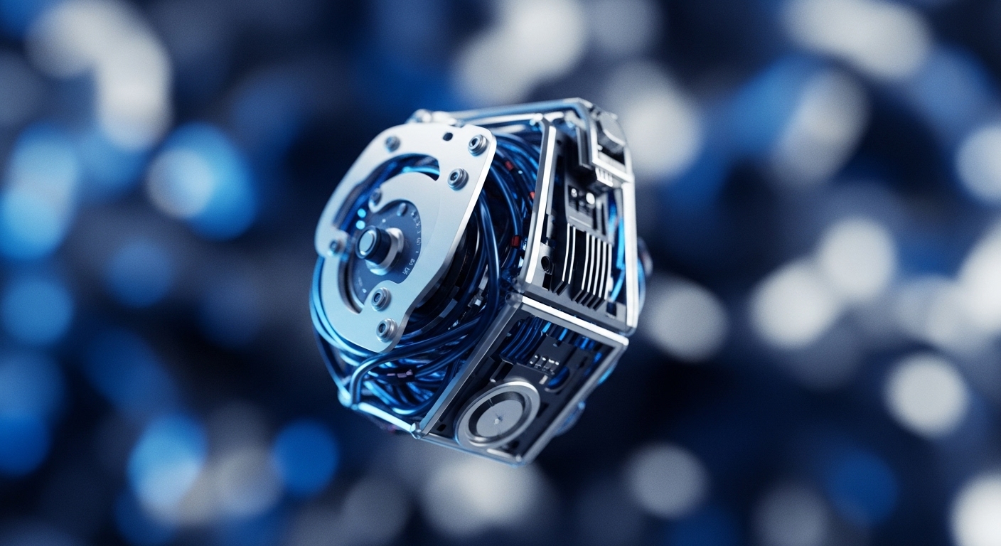 A sophisticated, metallic device featuring intricate blue wiring and exposed internal components is centered against a blurred blue bokeh background. Its sleek, industrial design showcases visible screws, heat sinks, and a prominent dial, suggesting a highly engineered computational unit