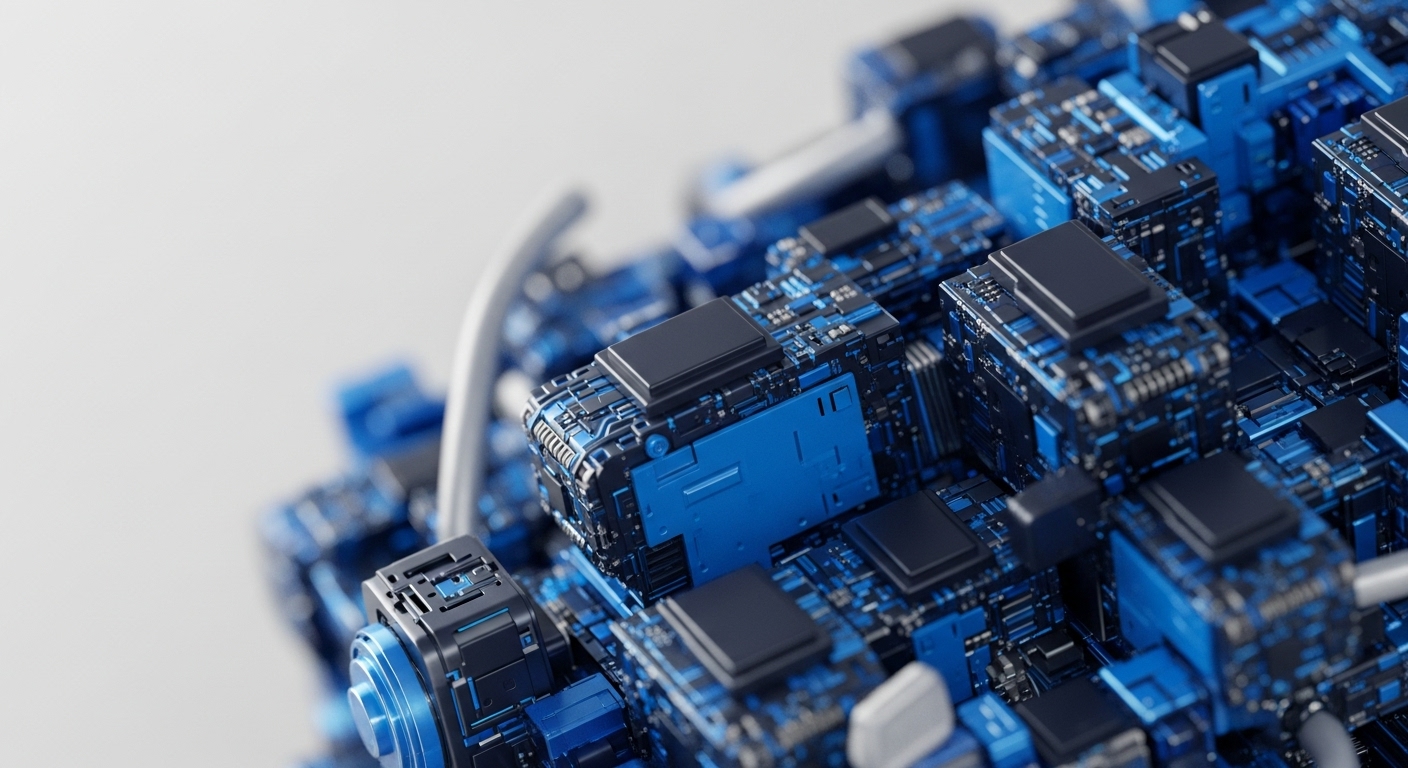 The image presents a detailed, close-up view of interconnected blue and black modular units, resembling advanced computing hardware. Each unit features intricate circuit board patterns and integrated black microchips, suggesting a complex digital infrastructure. These components are linked by metallic conduits, illustrating a robust network. This visual metaphor strongly evokes a distributed ledger technology DLT network, possibly depicting validator nodes or ASIC miners executing Proof-of-Work PoW computations. The design emphasizes scalability and decentralization, crucial aspects of a secure blockchain architecture for high-throughput transaction processing.