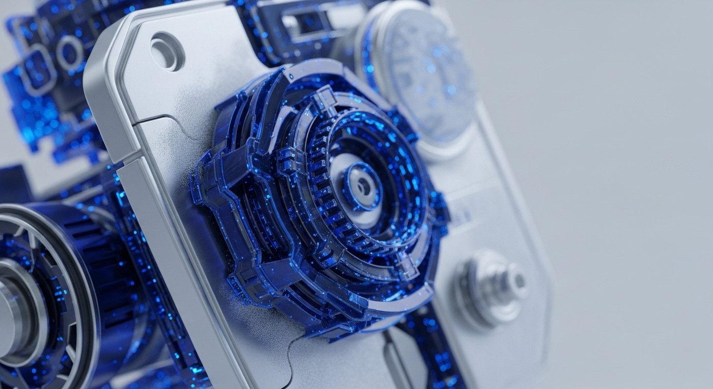 A detailed close-up shot captures a complex, futuristic mechanical device with metallic silver and translucent blue components. Glowing blue specks are visible within the blue sections, suggesting internal activity and digital processes