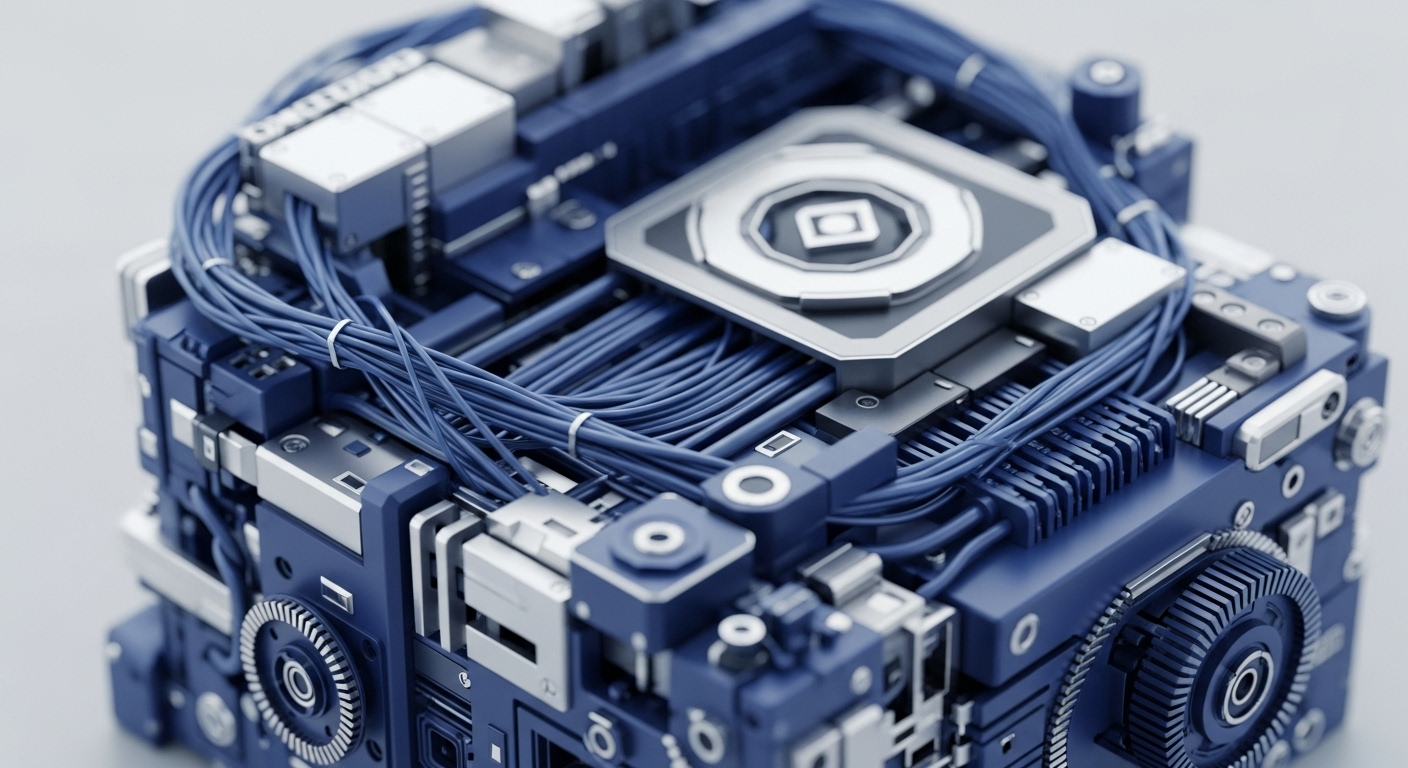A sophisticated, cubic hardware unit showcases intricate blue wiring and metallic components against a deep blue frame, with a central, prominent processing element. The device is densely packed with interconnected modules, suggesting advanced computational capabilities