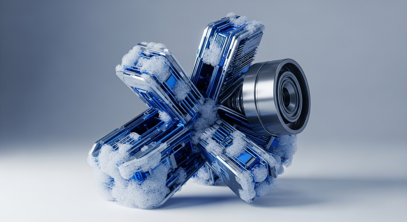 A futuristic, intricate blue and silver metallic structure, resembling a complex blockchain node, stands against a gradient background. Its multiple arms, detailed with geometric patterns, are partially covered in granular white particles, evoking cryptographic hashing outputs or cold storage elements