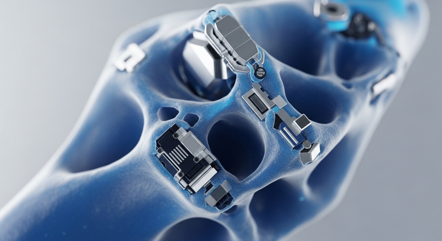 A vibrant blue, textured, and porous material forms the base, housing several intricate metallic electronic components. These components are precisely integrated into the organic-like structure, highlighting a blend of natural and technological elements