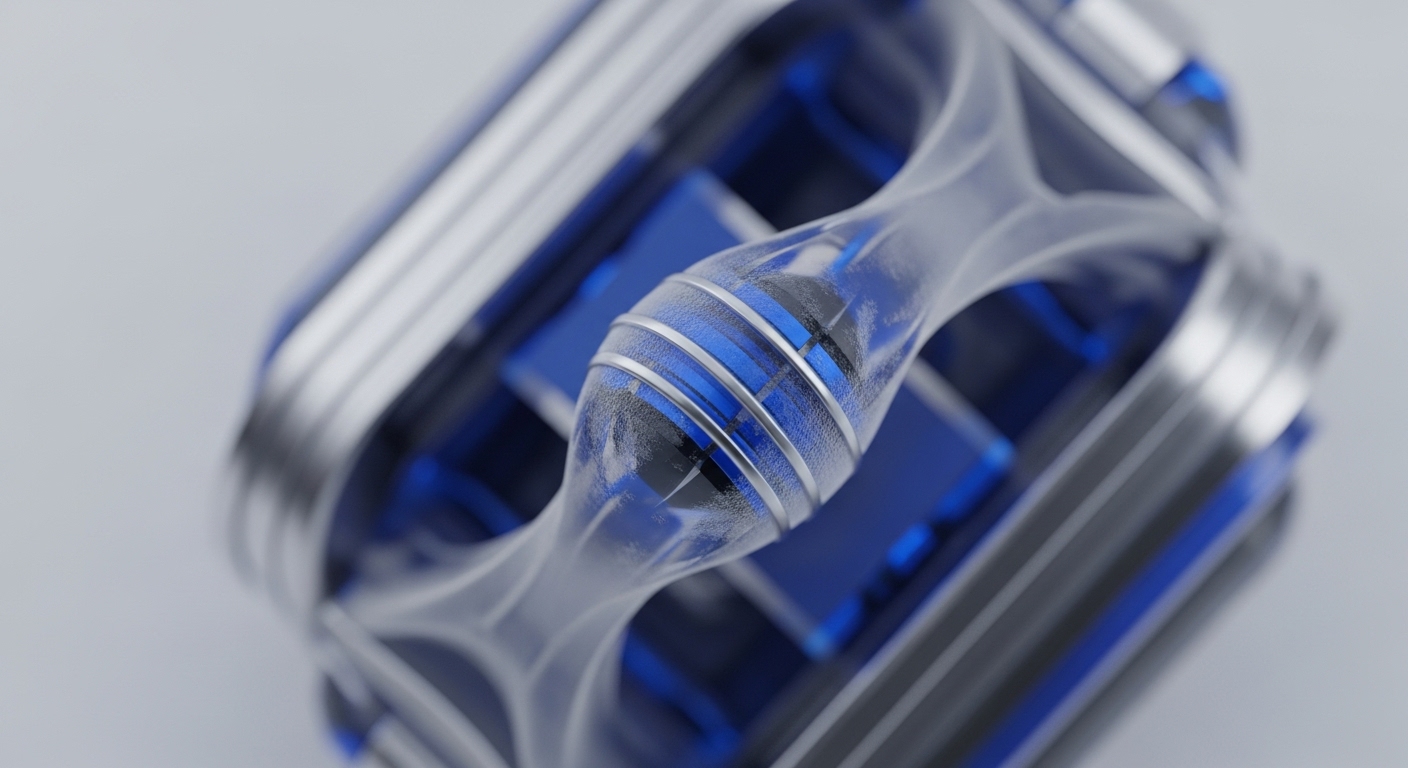 The image presents an abstract, high-tech structure featuring a central, translucent, twisted element adorned with silver bands, surrounded by geometric blue blocks and sleek metallic frames. This intricate design, set against a light background, suggests a complex engineered system with depth and interconnected components