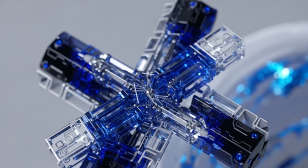 A complex, interconnected structure features a central metallic nexus radiating four arms, each composed of translucent blue crystalline segments encased in polished silver frames. Visible internal circuitry within the blue elements suggests intricate data pathways, reflecting a robust distributed ledger technology DLT. The modular design evokes a sharding architecture for enhanced scalability. Silver components bear etched patterns resembling smart contract logic gates. Blurred blue light in the background implies active interoperability protocols and continuous cryptographic hash function operations within a decentralized network node.