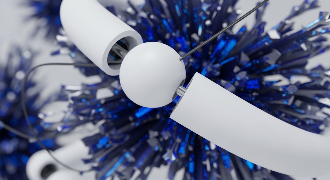 White spherical and cylindrical elements are intricately connected by thin dark rods, set against a vibrant, blurred background of sharp blue and silver fragments. The precise connections highlight a structured, modular system