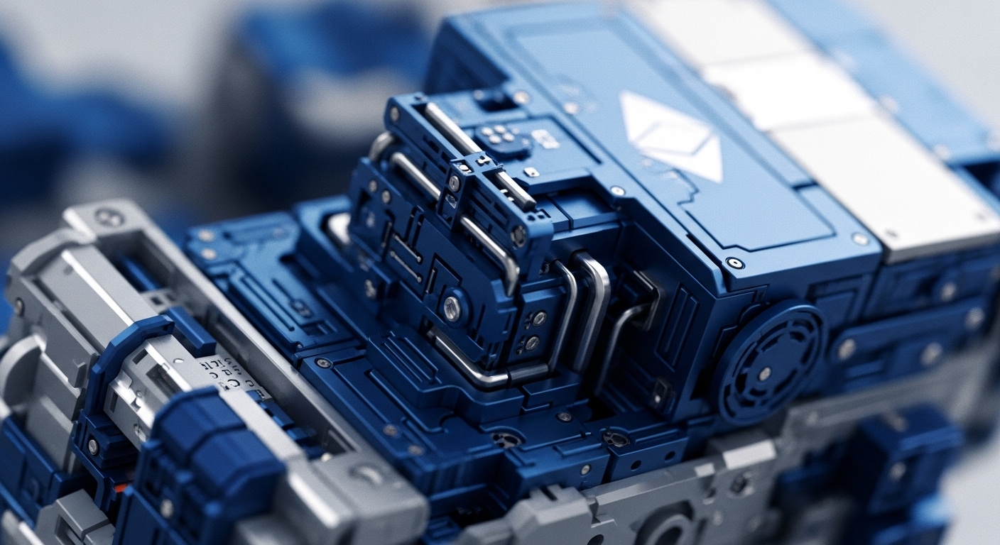 This close-up image showcases a meticulously engineered, blue and silver modular device, highlighting its intricate mechanical and electronic components. Various pipes, vents, screws, and structural elements are visible, emphasizing a complex, high-performance system designed for critical operations