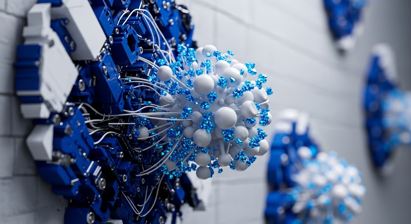 A detailed, close-up view presents a complex, wall-mounted structure composed of blue and white geometric blocks, featuring numerous thin white wires extending outwards. Emerging from this structure is a spherical cluster of white orbs with small, bright blue, crystalline particles attached, symbolizing dynamic data flow