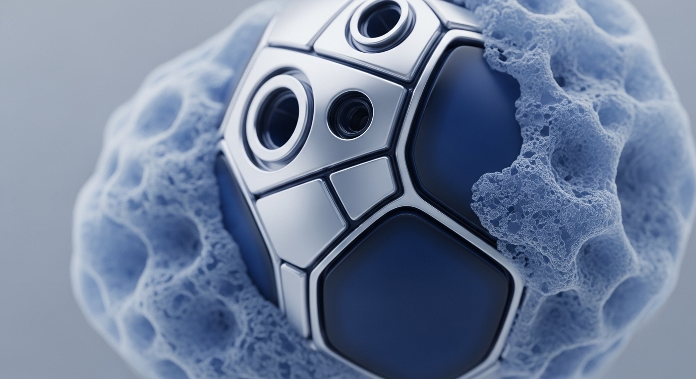 A spherical, geometrically segmented object, featuring reflective silver and deep blue panels, is partially enveloped by a light blue, porous, foam-like texture. Multiple circular apertures are visible on the metallic segments, suggesting functional components within its design