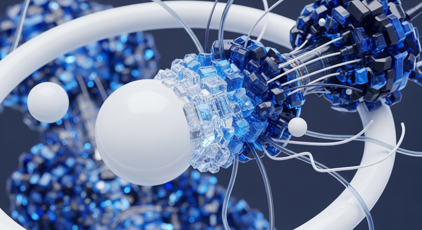 The image features white spheres, white rings, and clusters of blue and clear geometric cubes interconnected by transparent lines. These elements form an intricate, abstract system against a dark background, visually representing a sophisticated decentralized network architecture