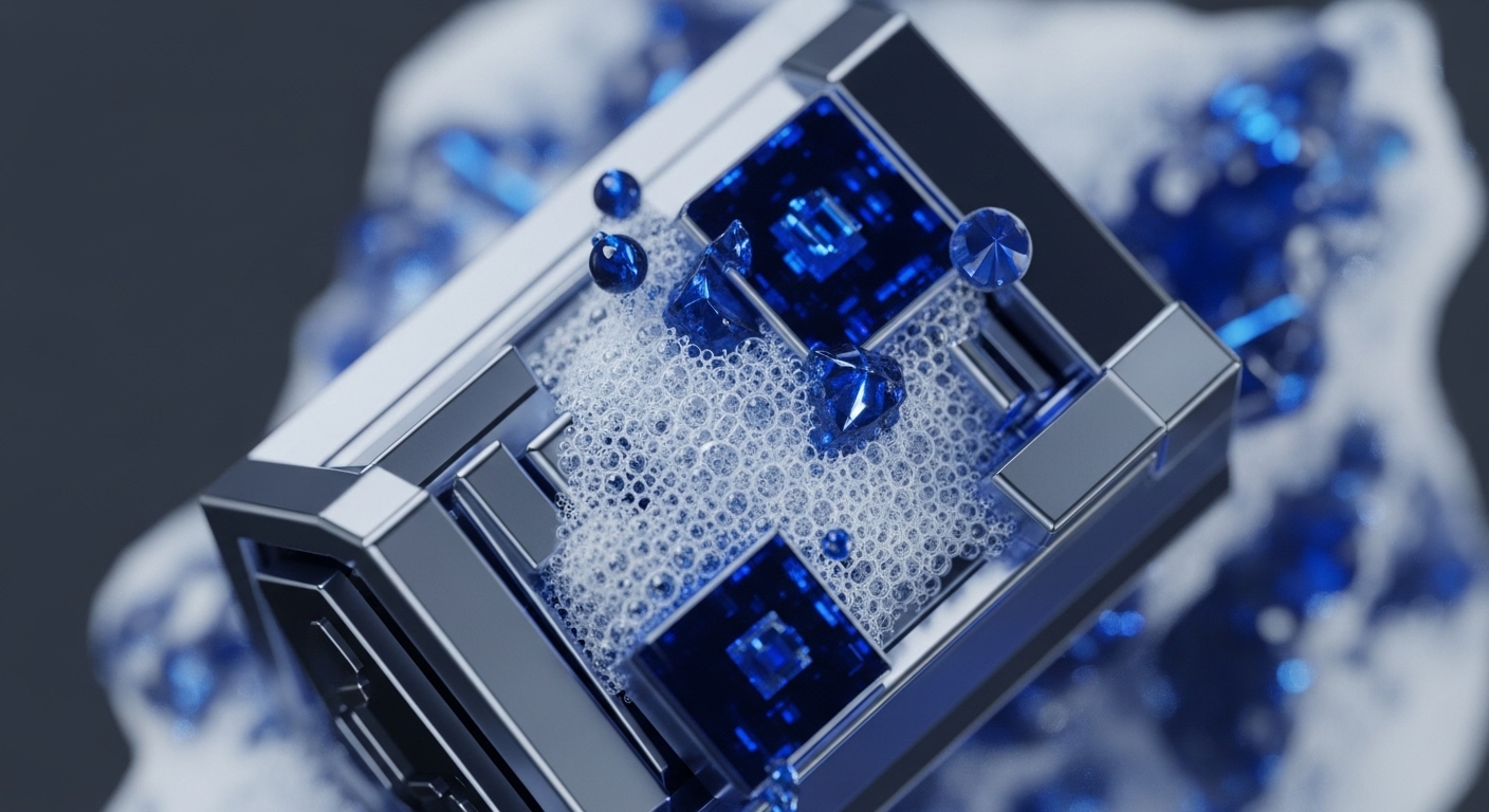 A detailed view captures a gleaming, multi-layered metallic framework housing embedded radiant blue square panels and numerous scattered blue gems. Fine white bubbles intricately cover parts of the structure, creating a dynamic texture against the sharp, reflective surfaces
