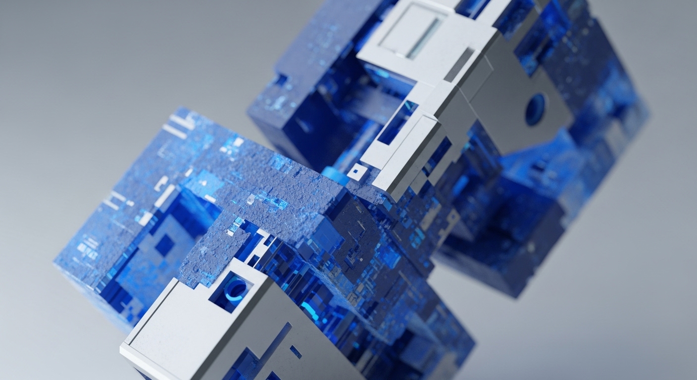 The image displays abstract blue and white geometric structures, primarily interconnected cubes, floating against a soft grey background. These forms showcase a blend of textured, opaque blue surfaces with transparent sections revealing intricate digital patterns, alongside smooth, solid white architectural elements