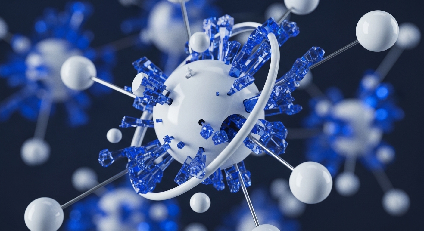 A central white sphere, studded with sharp blue crystalline formations and encircled by white rings, anchors a network of smaller, connected white spheres against a dark background. This abstract visualization embodies the core tenets of blockchain technology, showcasing its complex cryptographic underpinnings and decentralized architecture
