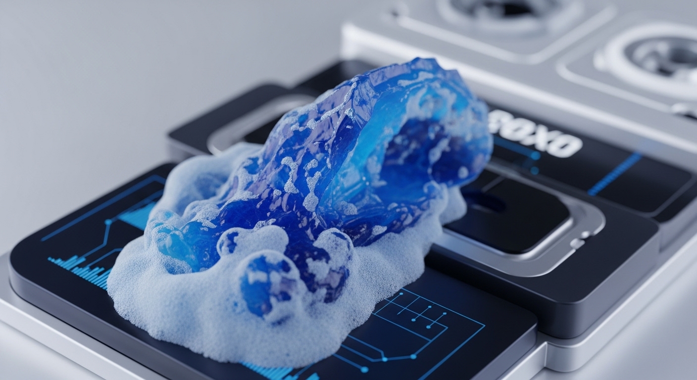A translucent blue fluid mass, heavily foamed with effervescent bubbles, cascades across a stack of dark gray modular hardware units. The units display glowing blue digital interfaces featuring data visualizations and intricate circuit patterns