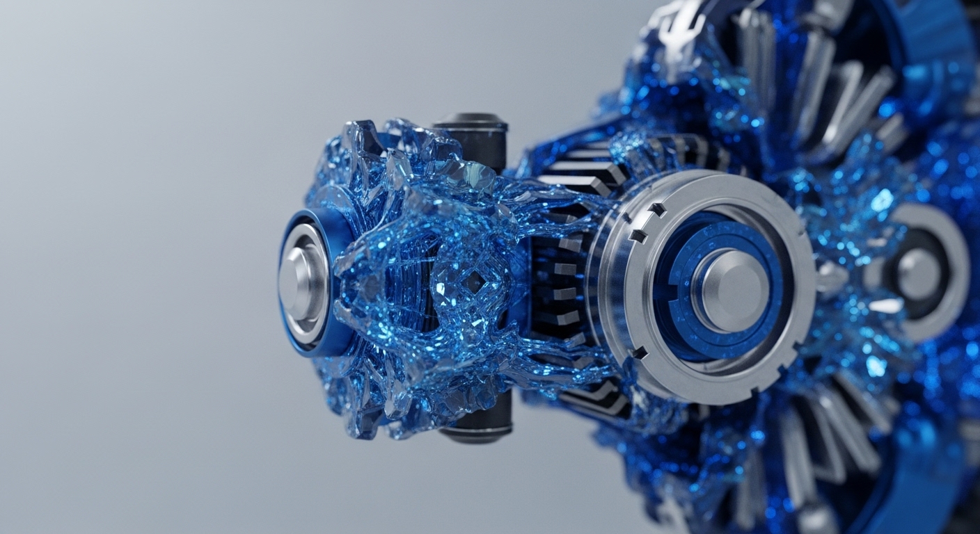 The image displays a close-up of a complex mechanical structure, showcasing intricate blue crystalline elements integrated with metallic gears and shafts. Polished silver components and dark grey accents are visible against a light grey background