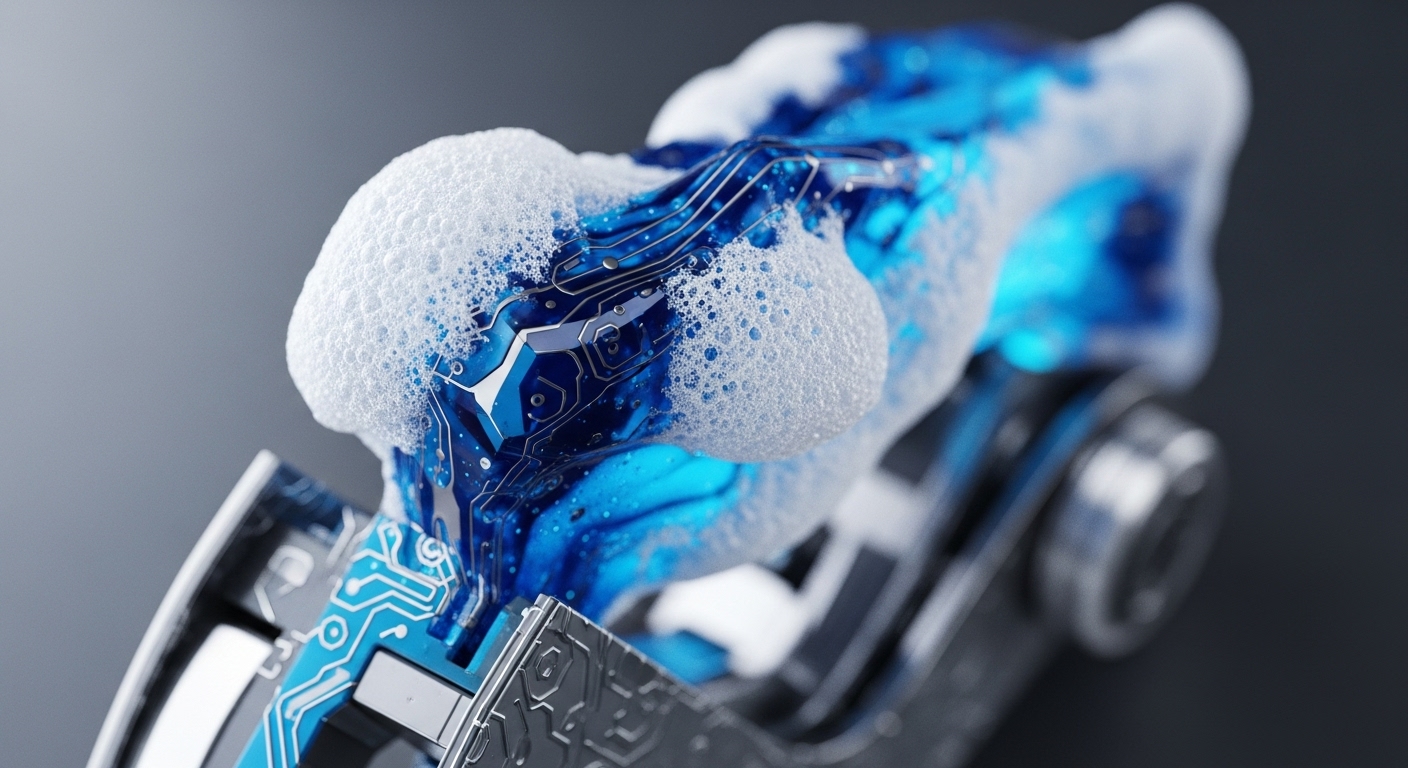 A detailed close-up presents a futuristic, metallic apparatus adorned with glowing blue circuit board patterns, partially obscured by a white, bubbly foam. The visible intricate circuitry suggests advanced technological design