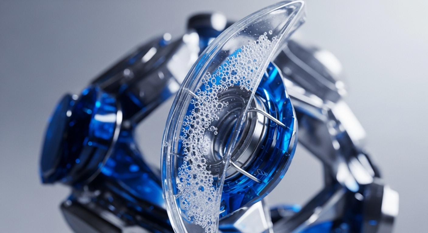 A close-up reveals a sophisticated, multi-component mechanism, prominently featuring translucent blue and clear elements. A clear, curved channel is filled with countless small bubbles, indicating dynamic internal processes, while metallic accents underscore the intricate engineering