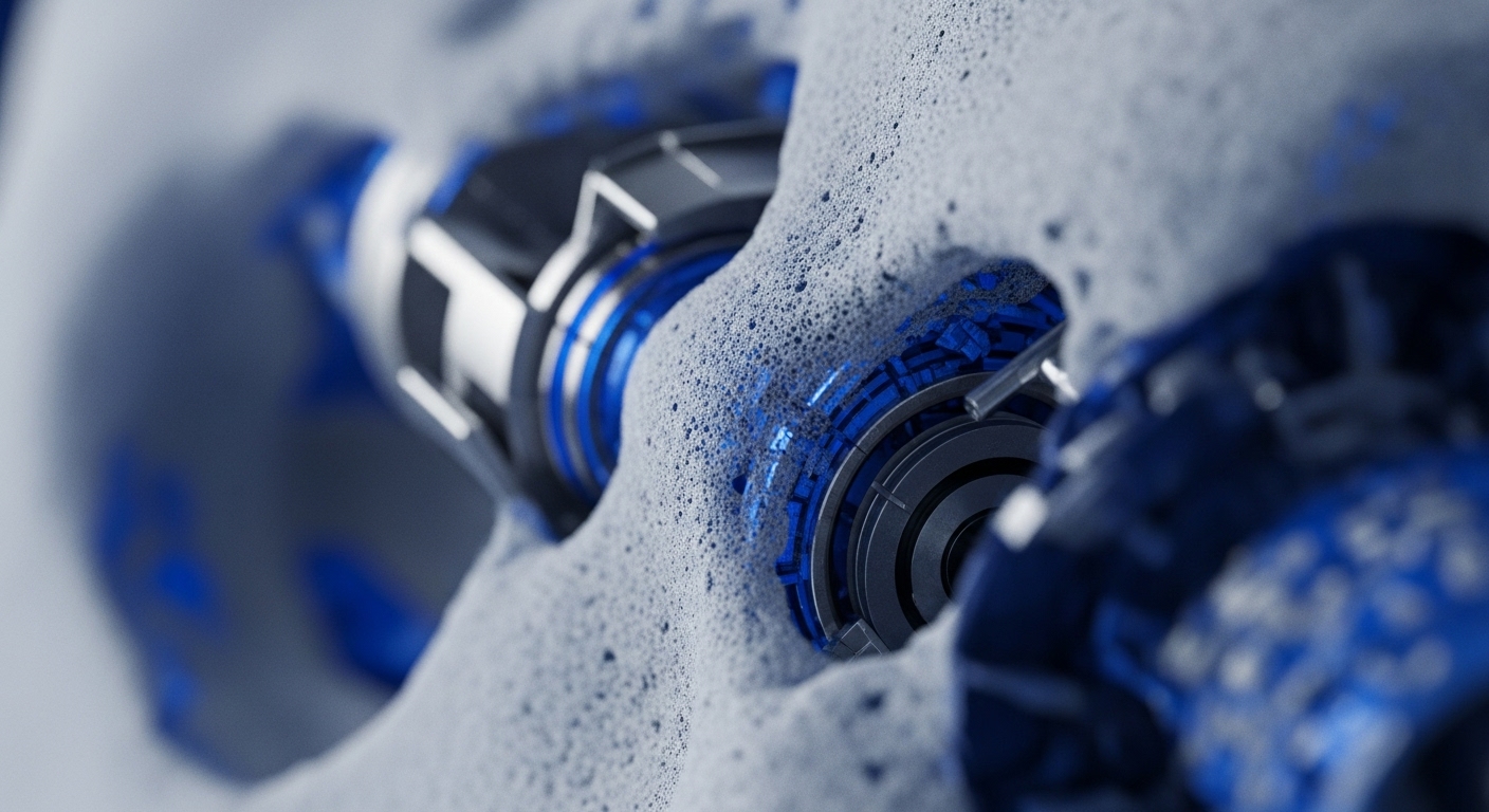 A close-up view reveals intricate metallic components, resembling a sophisticated blockchain architecture, partially enveloped by a textured white foam. Luminous blue elements, indicative of active smart contract execution or transaction validation, are integrated within the dark grey mechanical structures. This visual metaphor suggests a protocol cleansing or ledger reconciliation process, ensuring data integrity within a decentralized network. The foam layer could represent security layers or abstraction.