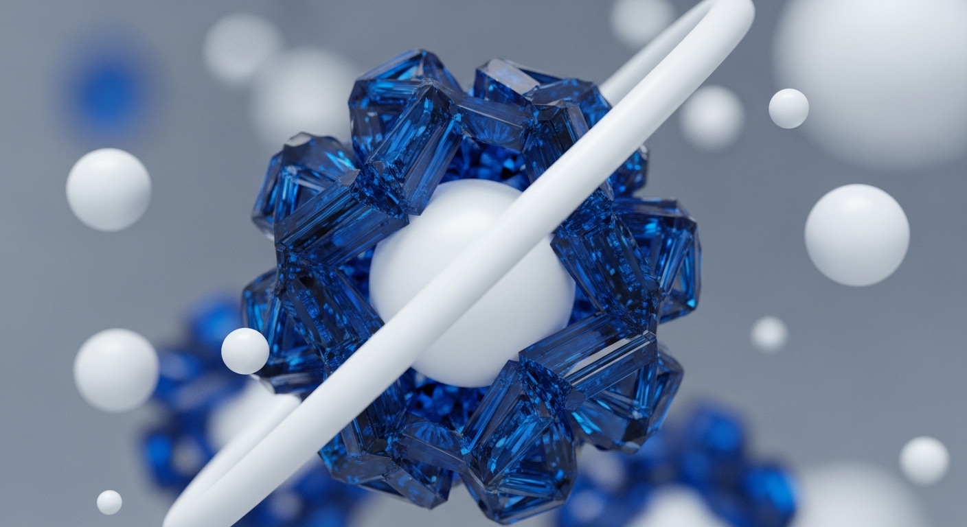 A striking visual features a central white sphere encircled by a complex, interconnected lattice of deep blue, faceted crystalline structures. A smooth, white, ring-like element diagonally traverses this central assembly