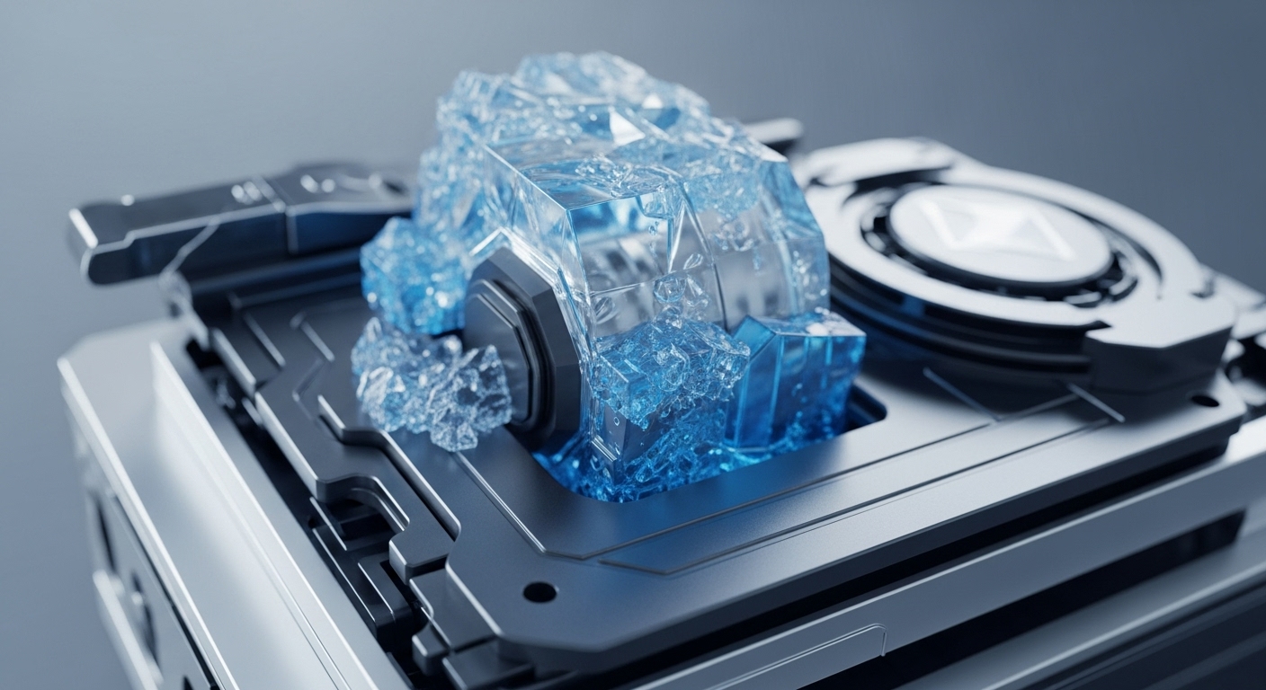 A detailed close-up reveals a futuristic metallic device with a prominent translucent blue crystalline structure, appearing as frozen ice, surrounding a central dark mechanical part. The device exhibits intricate industrial design, featuring various metallic layers and a circular element displaying a subtle Ethereum logo