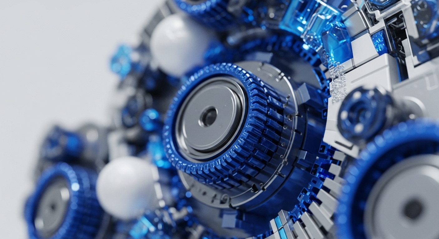 A close-up view reveals intricate, futuristic mechanical components predominantly in blue, silver, and white. The shallow depth of field sharply focuses on a central metallic circular mechanism with an inner aperture, surrounded by textured blue segments, hinting at a complex gear system
