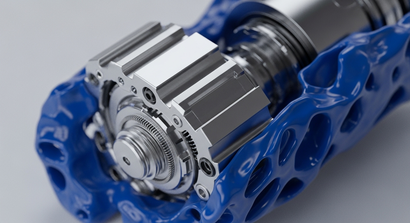 The image showcases a detailed view of a complex mechanical assembly. Polished silver metallic gears and structural components are precisely integrated, nestled within a vibrant blue, porous, and glossy housing