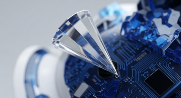 A sharp, faceted crystalline structure, resembling a prism or diamond, pierces a complex blue printed circuit board. The circuit board's intricate pathways and integrated circuits suggest a foundation for digital operations, perhaps representing the underlying infrastructure of a blockchain network. The crystalline element may symbolize the immutable, transparent, and valuable nature of digital assets or the cryptographic keys securing decentralized finance DeFi protocols. This juxtaposition highlights the intersection of advanced materials science and the architecture of distributed ledger technology, emphasizing precision and security in the realm of cryptocurrency.