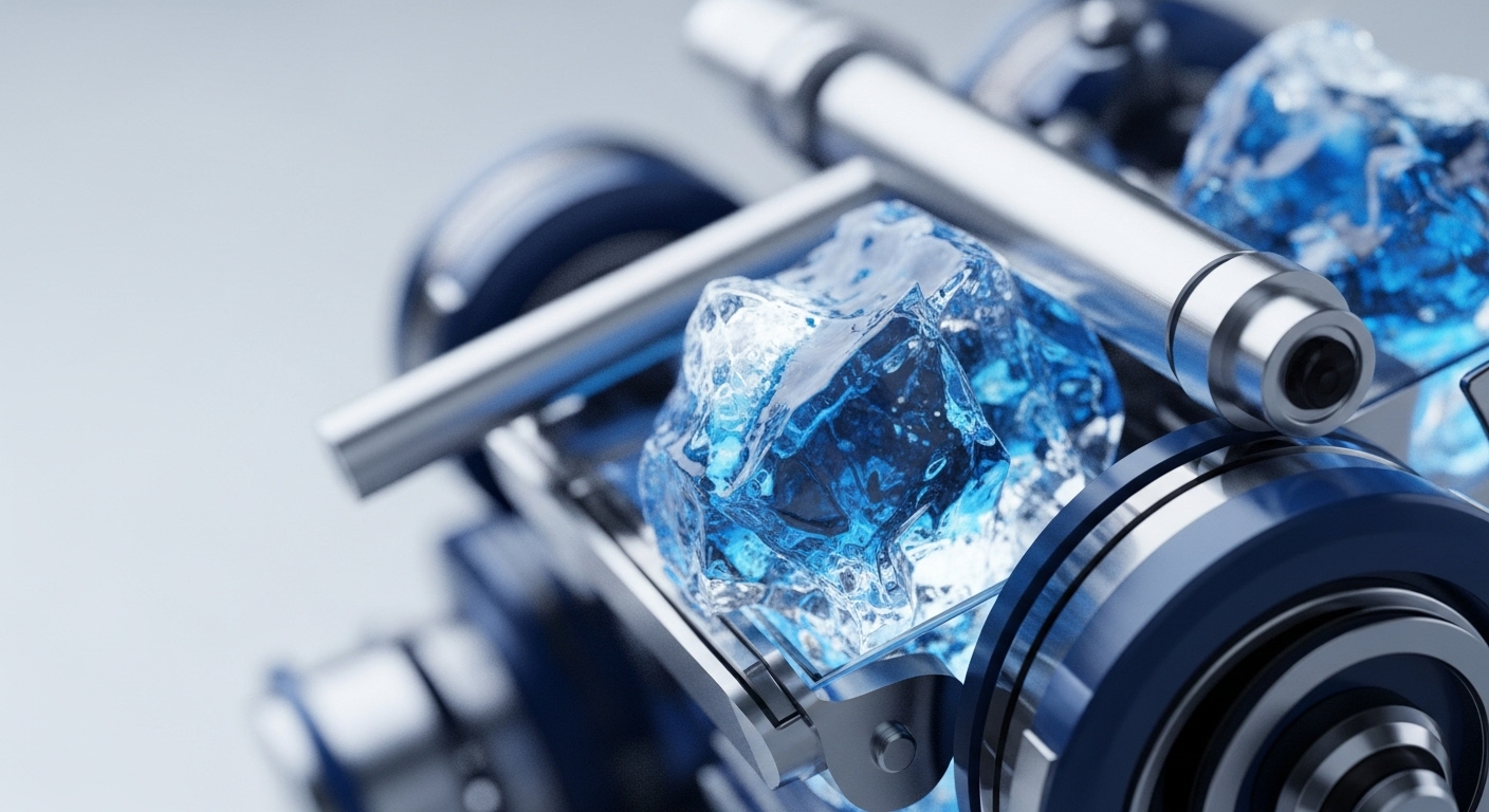 A macro view reveals a sophisticated mechanical apparatus, featuring polished silver and deep blue components, intricately assembled. Central to the design are translucent, crystalline blue formations, resembling large ice shards, embedded within the structure. These elements evoke cold storage and energy efficiency, conceptually linking to optimized Proof-of-Stake consensus mechanisms. The metallic framework suggests robust network nodes facilitating secure distributed ledger technology, where digital assets are safeguarded and transactions validated. This visual metaphor highlights the intricate engineering behind high-performance blockchain infrastructure, emphasizing operational integrity.