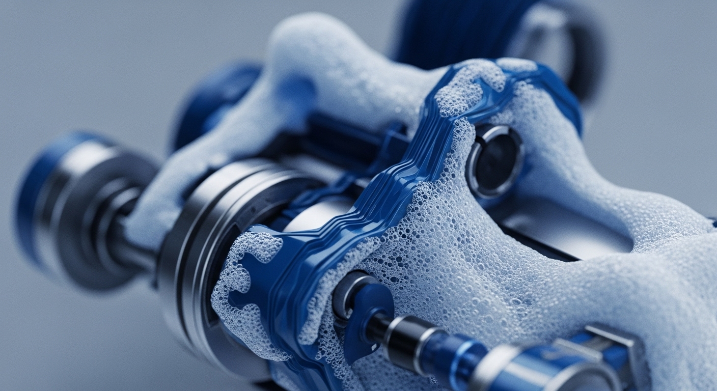 Close-up of metallic and blue mechanical components enveloped by white foam-like bubbles, showing intricate structural details and fluid interaction. The blue elements appear to guide and contain the effervescent material around the metallic shafts