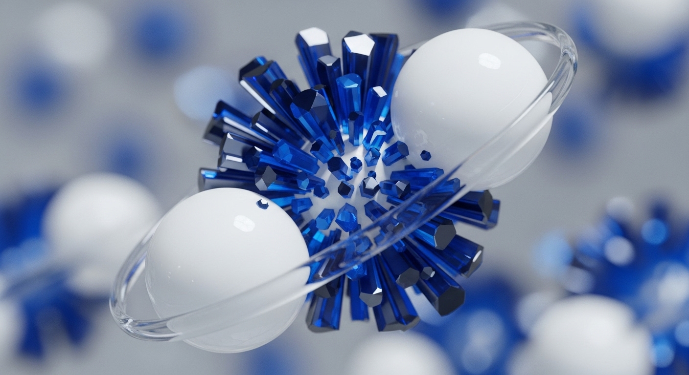 The image presents an abstract visualization featuring a central spherical core densely populated with numerous radiating blue, faceted crystalline structures. Orbiting this central element are two smooth, white, highly reflective spheres, each encircled by a transparent, glass-like ring