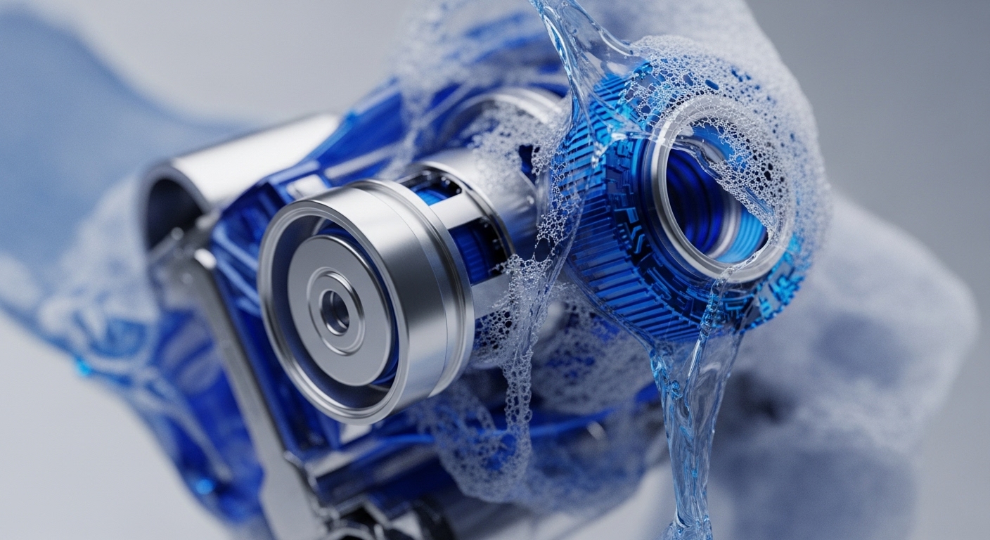 A close-up view reveals vibrant blue and silver mechanical components undergoing a thorough wash with foamy water. Intricate parts are visible, with water cascading and bubbling around them, highlighting the precise engineering