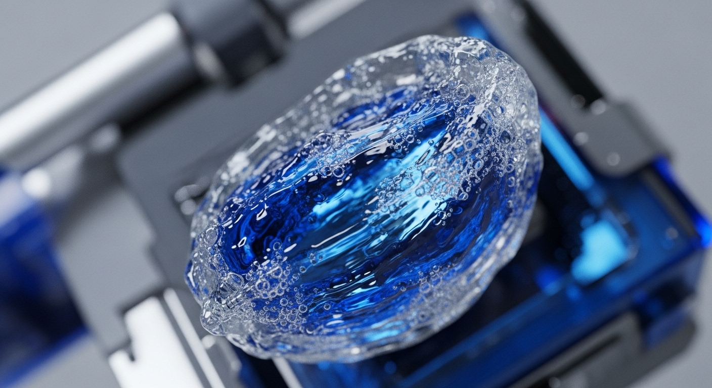 A translucent, elongated vessel containing vibrant blue, effervescent liquid and numerous small bubbles is precisely positioned on a dark gray and blue mechanical framework. The object's internal dynamism suggests a complex interplay of forces and data within a sophisticated system