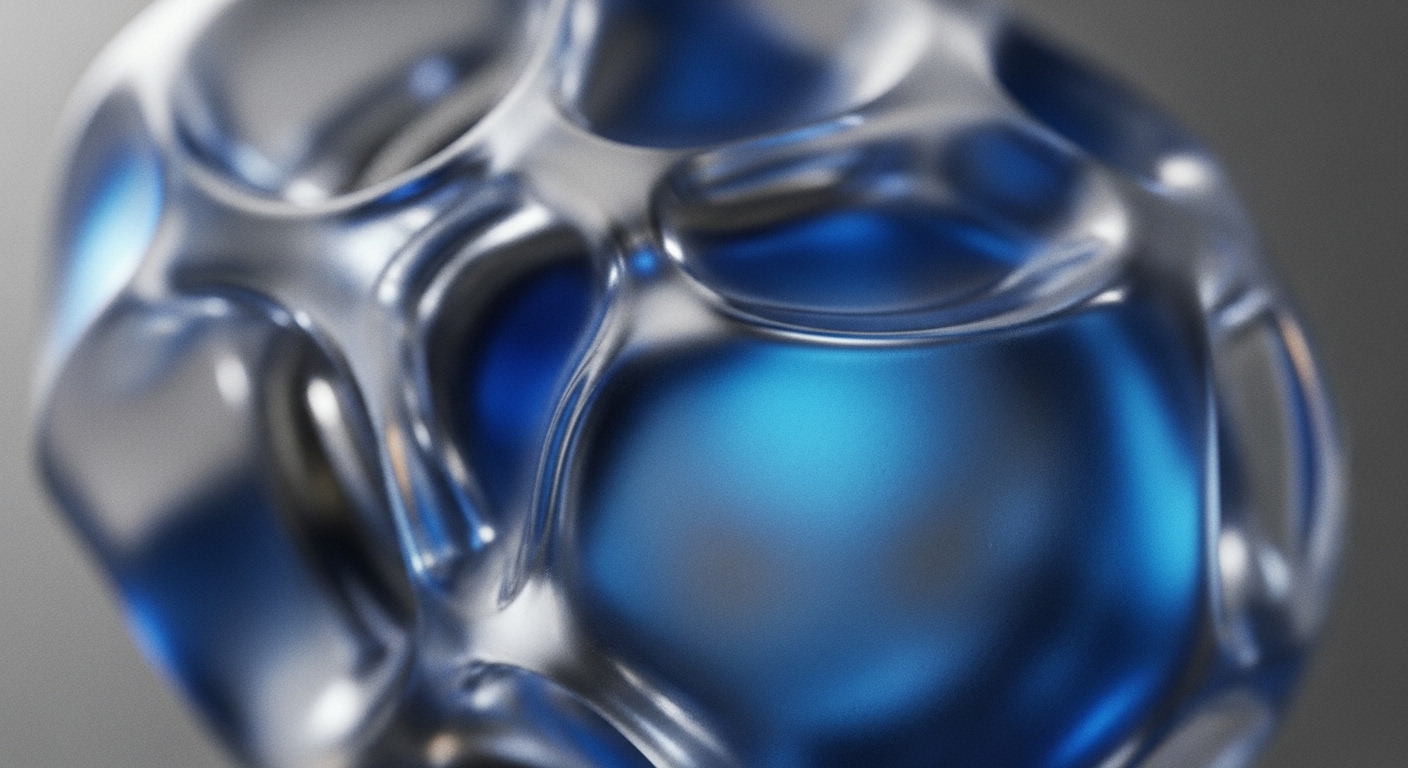 A close-up view of a highly reflective, undulating surface features deep blue internal illumination and highlights. The abstract form appears metallic or liquid-like, with interconnected cavities and a fine granular texture