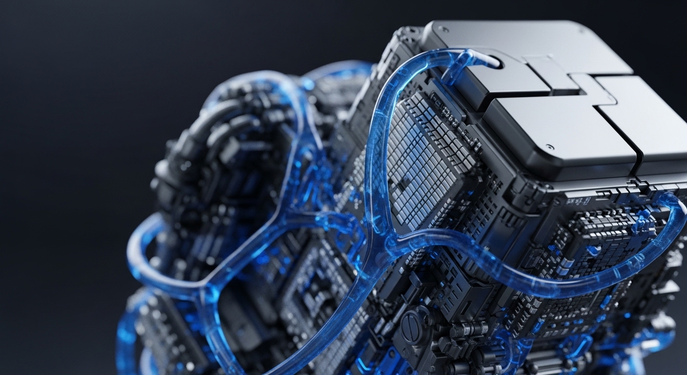 The image presents a detailed, close-up view of a complex, metallic cubic structure featuring intricate circuitry and translucent blue conduits. This advanced technological artifact appears to be a sophisticated processing unit or data hub, rendered with high precision