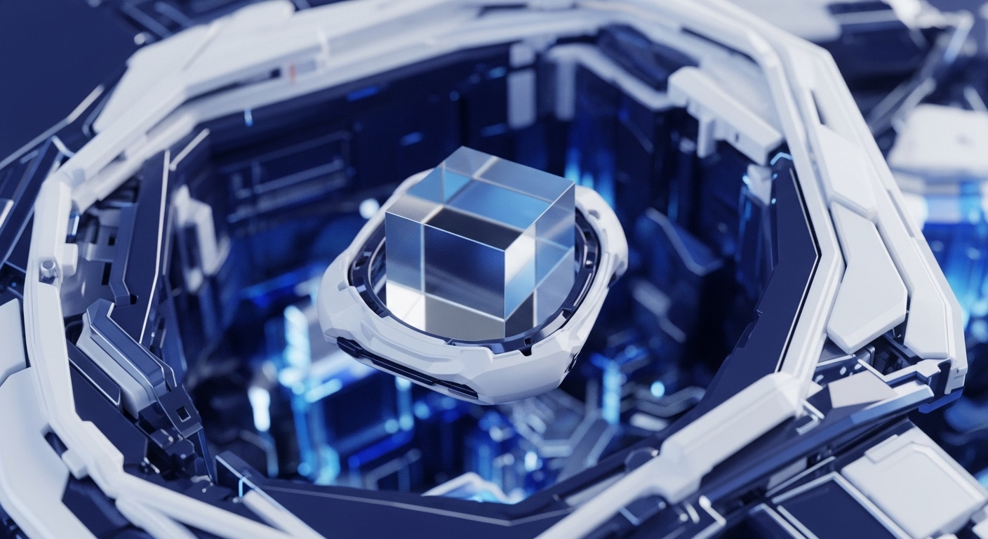 A precisely faceted glass cube, divided into smaller geometric segments, is centrally positioned within a sophisticated, hexagonal framework. This framework exhibits a complex assembly of white and deep blue structural elements, indicative of cutting-edge technology and secure digital architecture