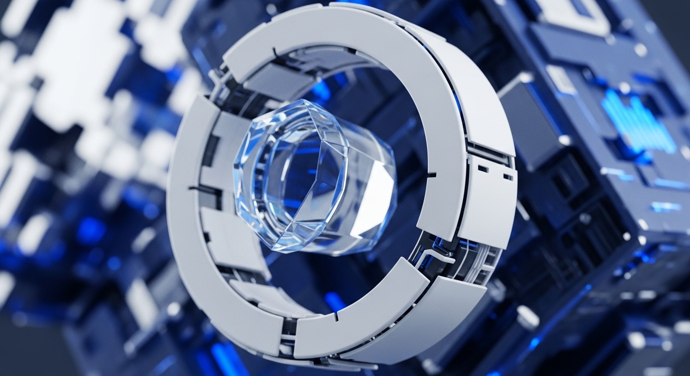 A brilliant, multi-faceted crystal, reminiscent of a diamond or complex lens, sits at the heart of a circular, modular metallic ring. The ring's white segments are punctuated by dark, precise gaps, implying advanced engineering