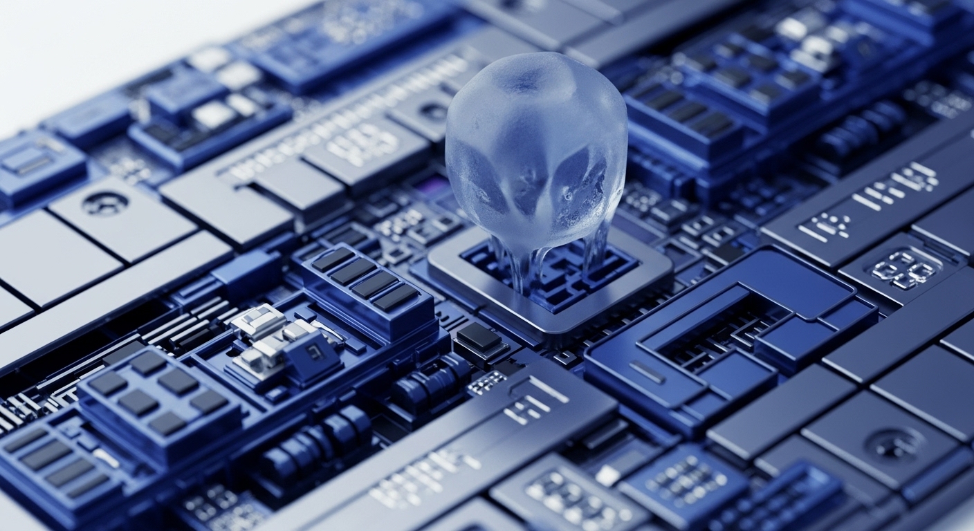 A translucent, melting ice formation sits precariously on a detailed blue electronic substrate, evoking the concept of frozen liquidity within the cryptocurrency ecosystem. This imagery highlights the fragility of digital asset markets and the potential for blockchain network disruptions