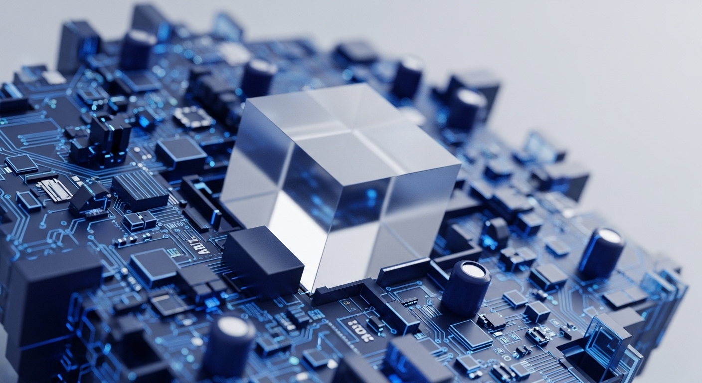 A clear, geometric cube rests on a dark, intricate circuit board illuminated with electric blue pathways. This composition abstractly depicts the symbiotic relationship between emerging quantum computing capabilities and the established frameworks of blockchain and cryptocurrency ecosystems