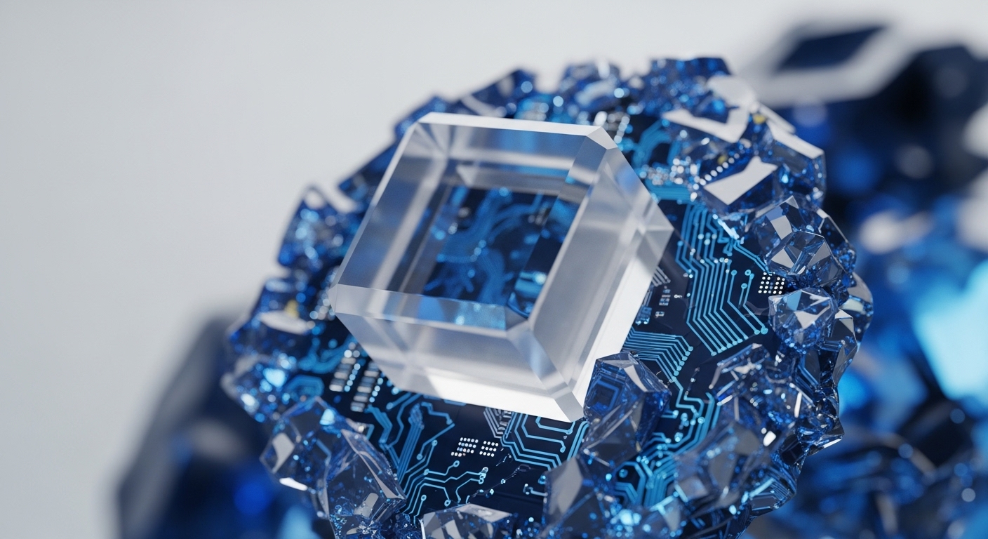 The image presents a striking visual of a transparent cubic structure, resembling a quantum processor or qubit, embedded within a complex, crystalline formation of electric blue. This formation is intricately detailed with circuit board pathways, indicative of advanced digital infrastructure