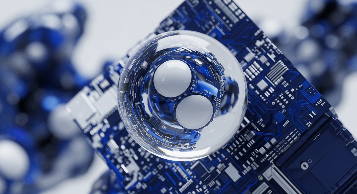 A clear sphere contains two white spheres, positioned over a detailed blue printed circuit board. The circuit board displays fine lines and small electronic parts, signifying sophisticated technology