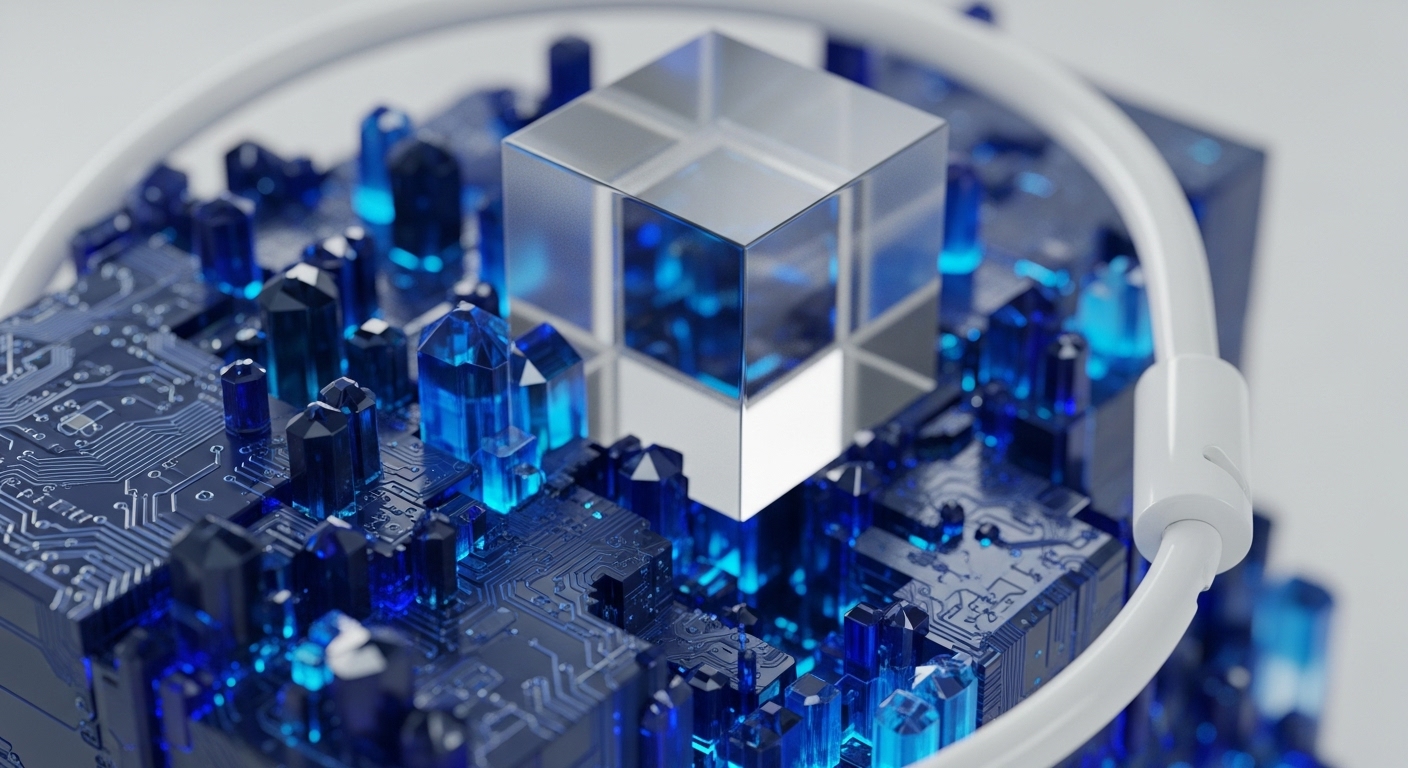 A clear geometric cube sits centered on a detailed, dark blue circuit board, surrounded by numerous faceted, luminous blue crystals. A thick, white conduit loops around the scene, connecting to the board