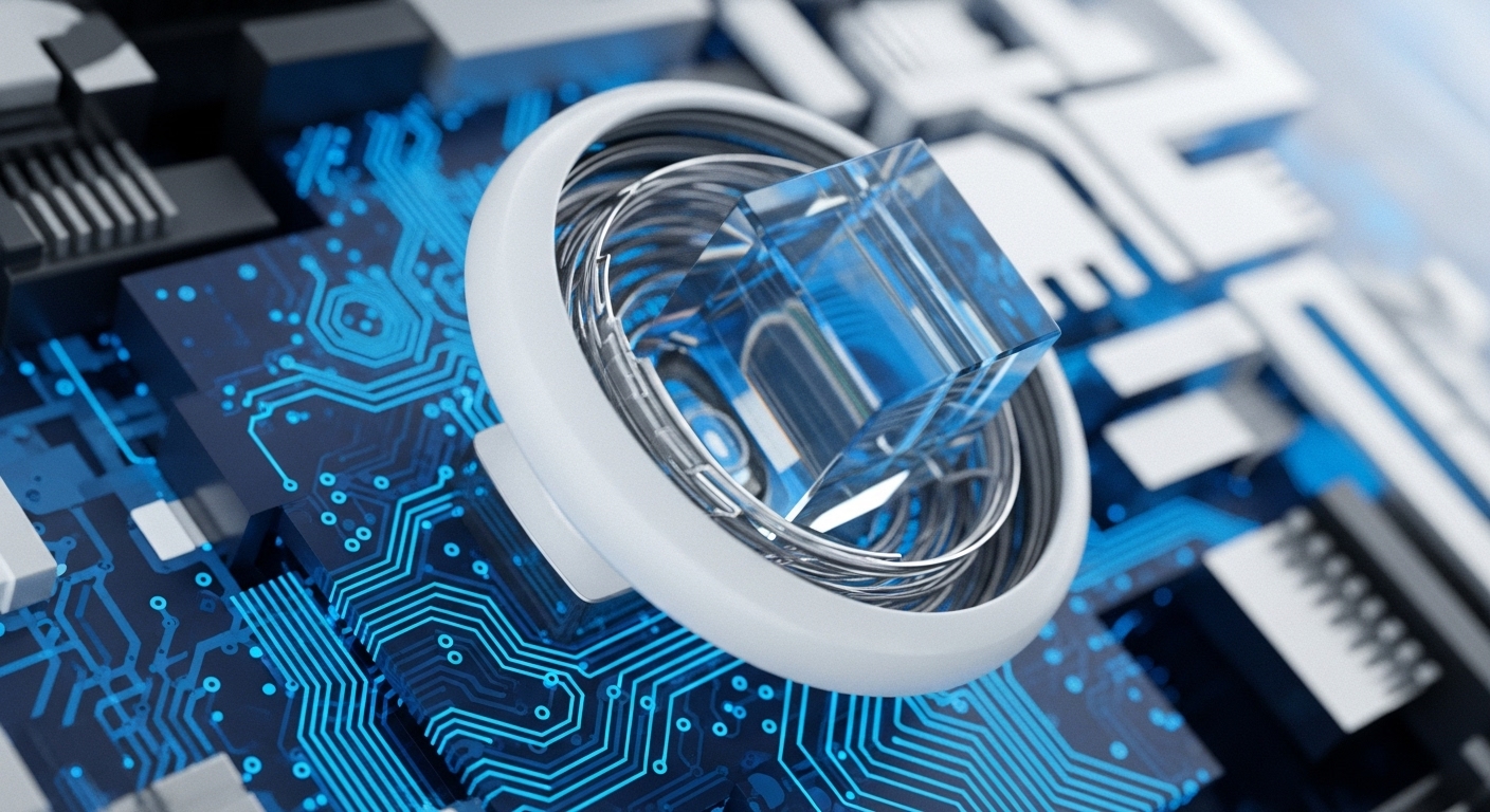 A translucent cubic element, symbolizing a quantum bit qubit, is centrally positioned within a metallic ring assembly, all situated on a complex circuit board featuring illuminated blue data traces. This abstract representation delves into the synergistic potential between quantum computation and blockchain architecture